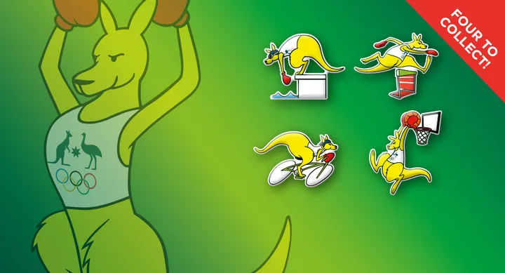Cartoon kangaroo in Olympics gear boxing, with smaller icons of kangaroo in various sports; text "Four to Collect!"