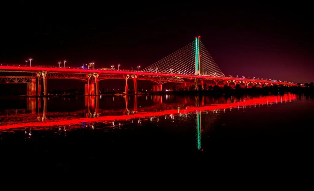 The Samuel De Champlain Bridge is illuminated with the colors of the Lebanese flag as a tribute to the victims of Beirut's blast and in solidarity with the people of Lebanon