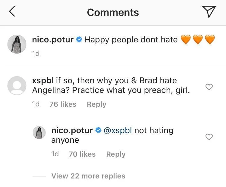 Brad Pitt's girlfriend Nicole Poturalski's response to accusations of hating Angelina Jolie on Instagram