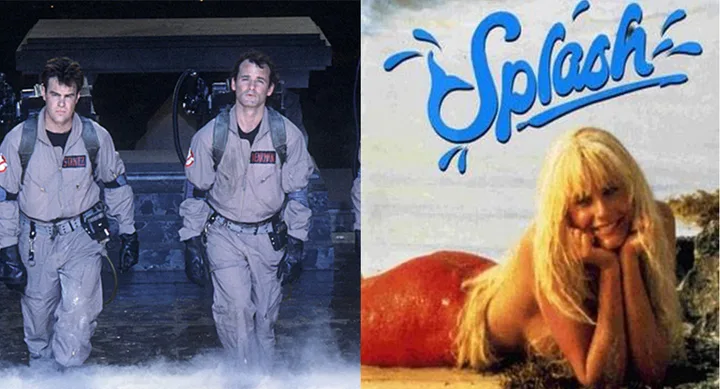 "Two Ghostbusters in uniform and a mermaid from the 'Splash' movie poster, with the title above her."