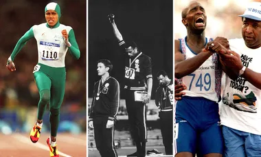 Three iconic Olympic moments: Runner in green suit, historic medal protest pose, and emotional father-son support scene.