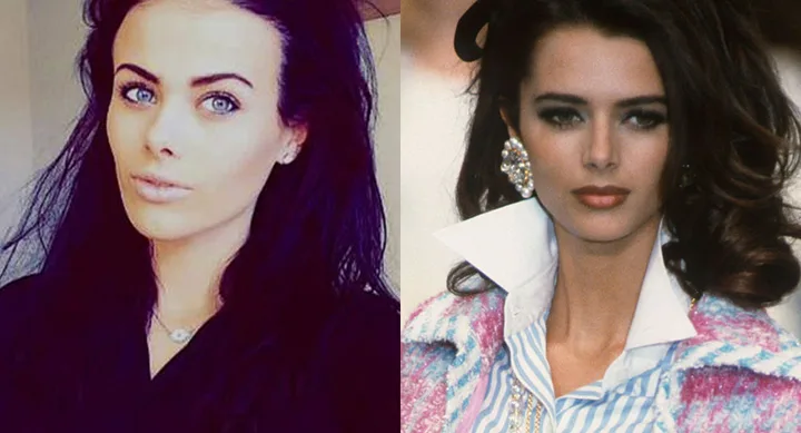 Two women side by side, one with dark hair in a casual pose, the other in a vintage fashion outfit with styled hair.