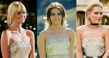 Three women in identical strapless dresses, each posing in different settings.
