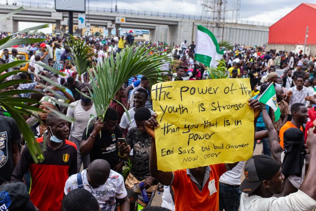 Nigerian protesters paralysed Africa's biggest city Lagos on October 19, 2020, blocking the airport as widespread demonstrations sparked by police brutality spiralled.