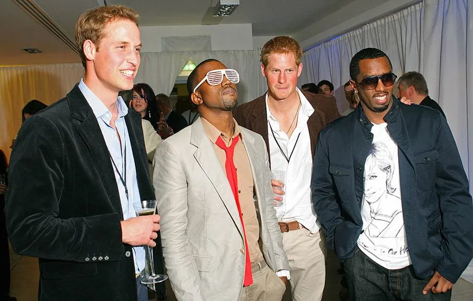 Diddy and Kanye West meeting Prince Harry and Prince William in 2007.