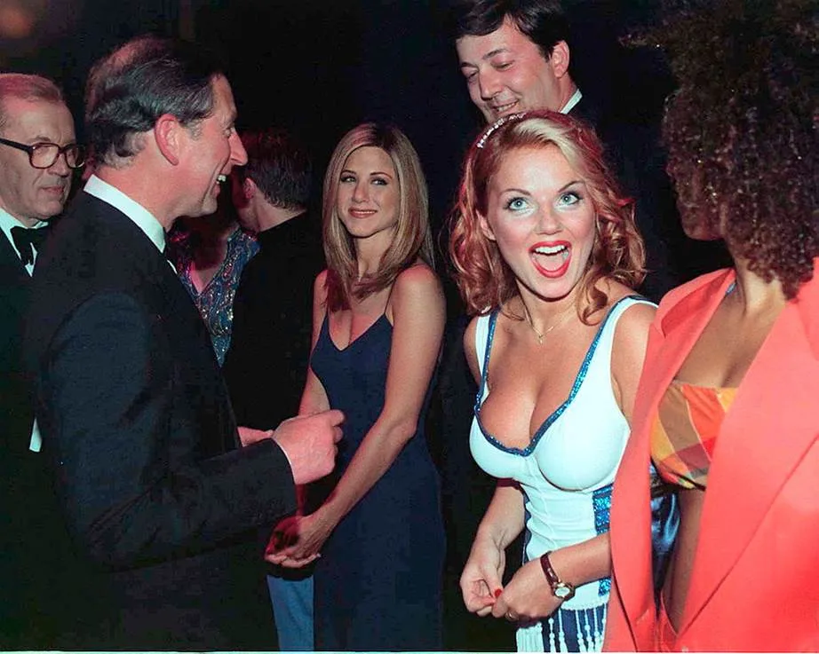 Jennifer Aniston and Geri Halliwell meeting Prince Charles in 1997.