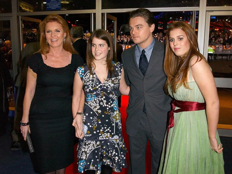 Leonardo DiCaprio meeting Sarah, Duchess of York, and Princesses Beatrice and Eugenie in 2004.