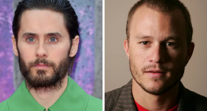 Jared Leto on the left in a green outfit and a bearded look; Heath Ledger on the right with a short haircut.