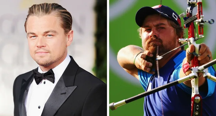 Two side-by-side images: a man in a tuxedo and an archer aiming with a bow.
