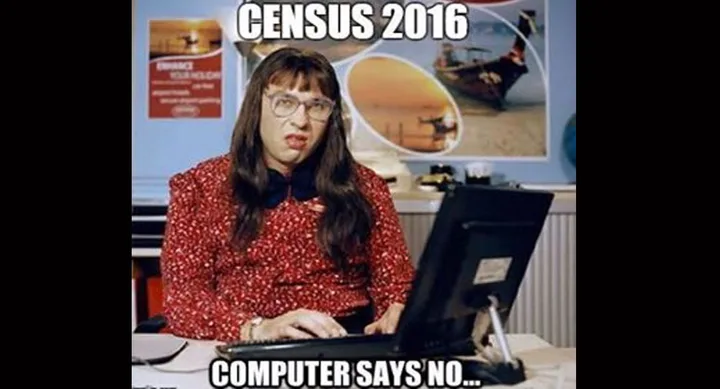 Woman at computer with "Census 2016" and "Computer says no" text, referencing a "Little Britain" sketch.