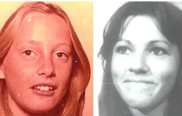 Two separate portraits of women; the left photograph is in color, the right is black and white.