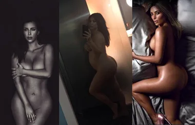 Three images showing a woman posing nude in different settings and positions, with her body strategically covered.