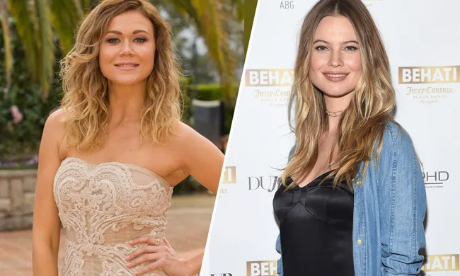 Two women, one in an elegant strapless dress outside, the other in a casual denim jacket and black dress at an event.