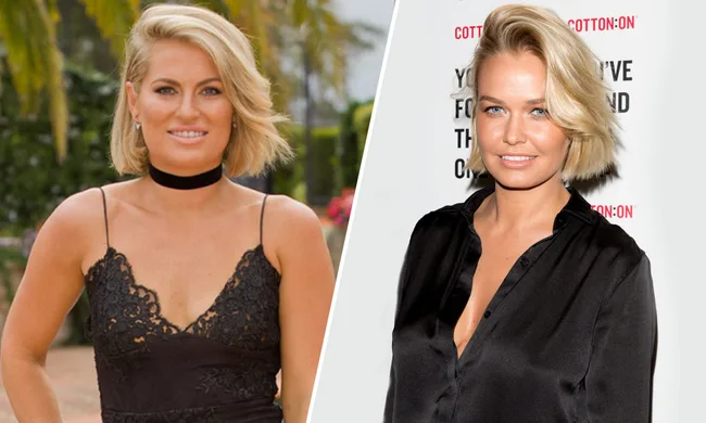 Two women with blonde hair, one in a black lace dress outdoors, the other in a black shirt at a Cotton On event.