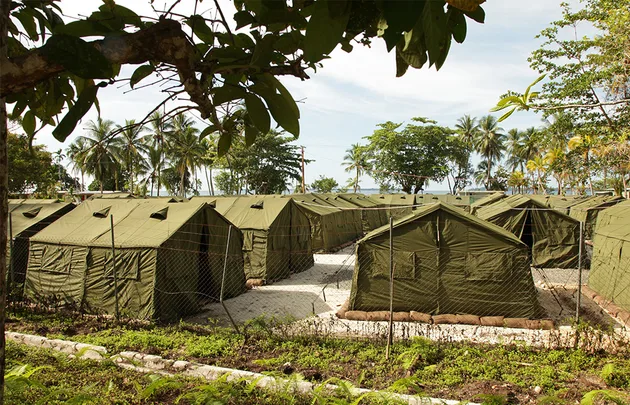 Green tents in a fenced area, surrounded by trees, with a backdrop of palm trees and ocean under a blue sky.