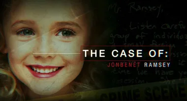 "The Case of: JonBenét Ramsey documentary cover with smiling child and crime scene text."
