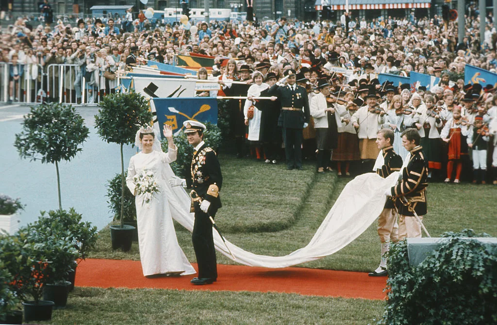 King Carl Gustaf XVI of Sweden marries Silvia Sommerlath at Stockholm Cathedral on June 19, 1976