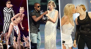 Famous MTV VMAs moments: performance, award interruption, and iconic stage kiss, capturing memorable pop culture events.