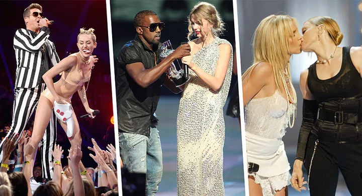 Famous MTV VMAs moments: performance, award interruption, and iconic stage kiss, capturing memorable pop culture events.