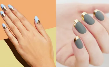 Two nail designs: one with blue and gold half-moon, the other gray with gold tips, on contrasting backgrounds.