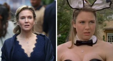 Two images: a woman with a blue dress and a heart necklace; another of the same woman in a bunny costume.
