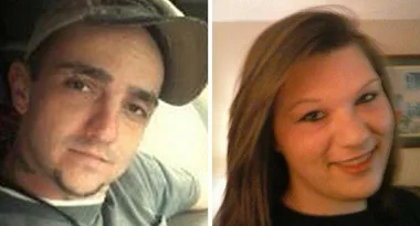 Two individuals side by side: a man wearing a cap on the left, and a woman with long hair smiling on the right.