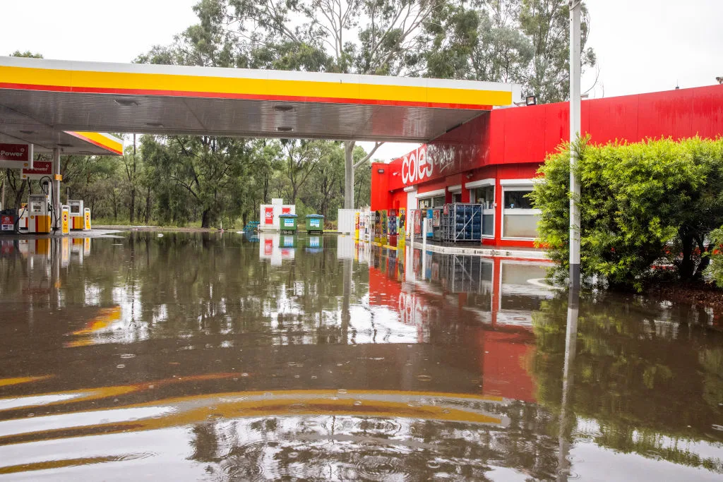 A flooded petrol station is seen near Windsor