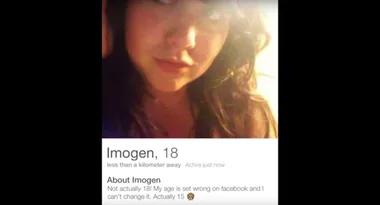 Image of a young woman with the name "Imogen" and a text indicating she is actually 15 years old, not 18.