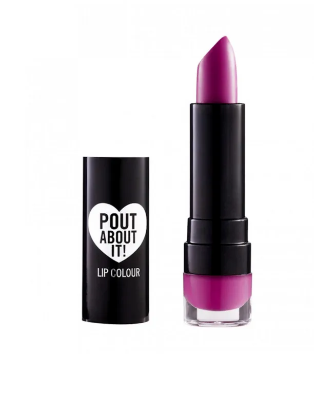 Purple lipstick in black tube with cap, labeled "Pout About It! Lip Colour".