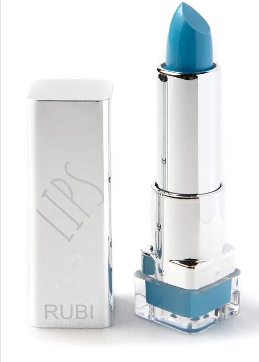 Blue lipstick in a silver tube with "LIPS" and "RUBI" printed on the cap.