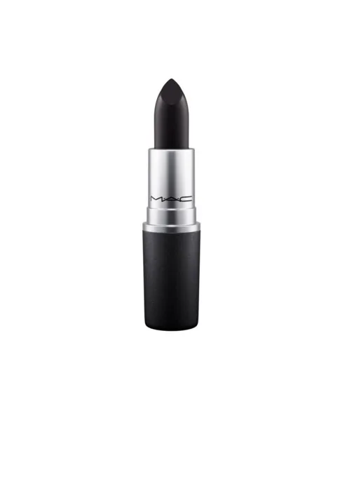 MAC black lipstick in a black and silver tube against a white background.