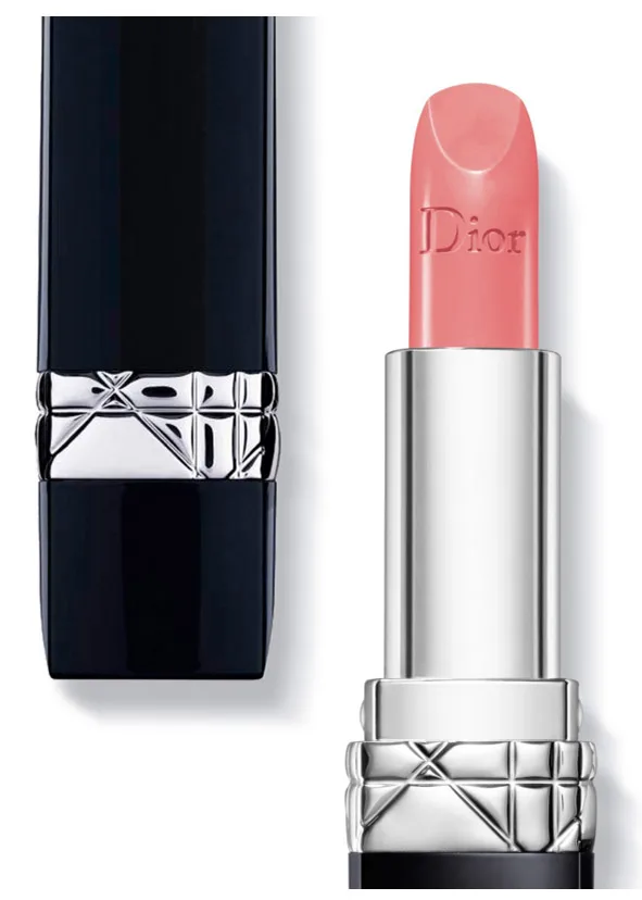 Alt text: "Pink Dior lipstick with embossed logo, alongside closed black and silver case."