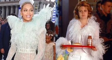 Beyoncé in a feathery outfit next to character from "Never Been Kissed" in similar attire.