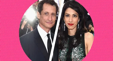 Split image of a man in a suit and a woman in a sequined dress on a pink diagonal background.
