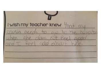 Child's handwritten note saying they feel sad because their cousin goes to the hospital when not feeling well.