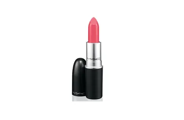 Pink MAC lipstick with a black and silver tube, cap resting beside it.