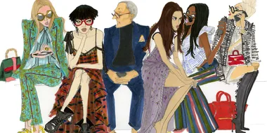 Illustration of six stylishly dressed people sitting, featuring bold patterns, sunglasses, and vibrant colors.