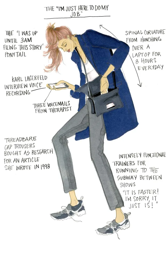 Illustration of a woman in casual outfit with annotations about her appearance and posture linked to work life.
