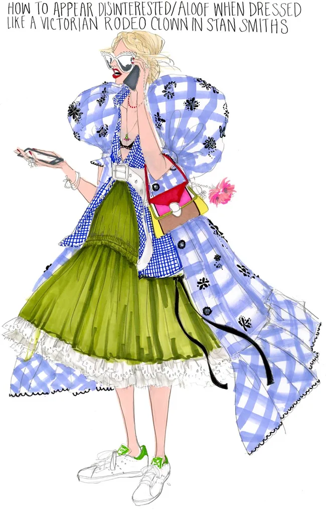 Drawing of a fashionable person in colorful Victorian-inspired attire with sneakers, holding a phone and purse.