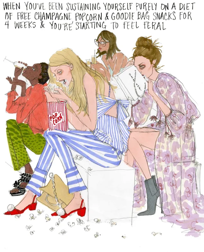 Illustration of four women eating popcorn and snacks with text about feeling feral after weeks on a champagne diet.