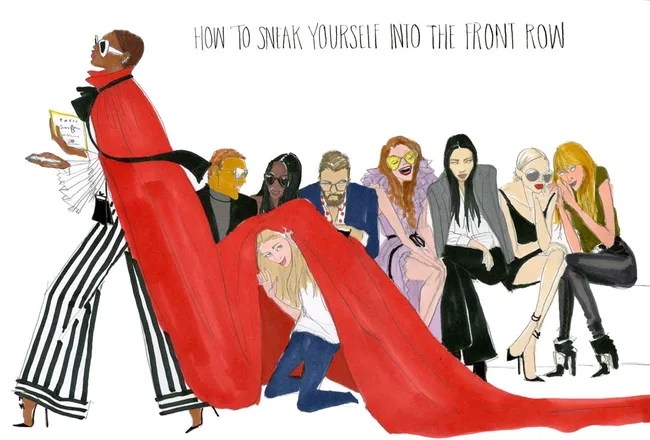 Fashionable character with a red cape sneaks into the front row of a runway show, comic-style illustration.
