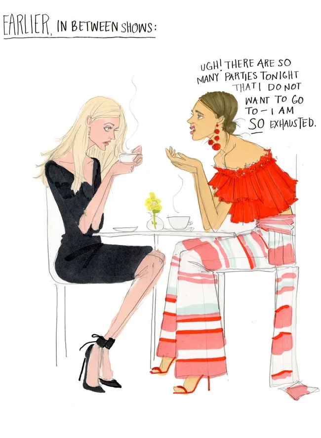 Illustration of two women at a table. One speaks about being too exhausted for parties.
