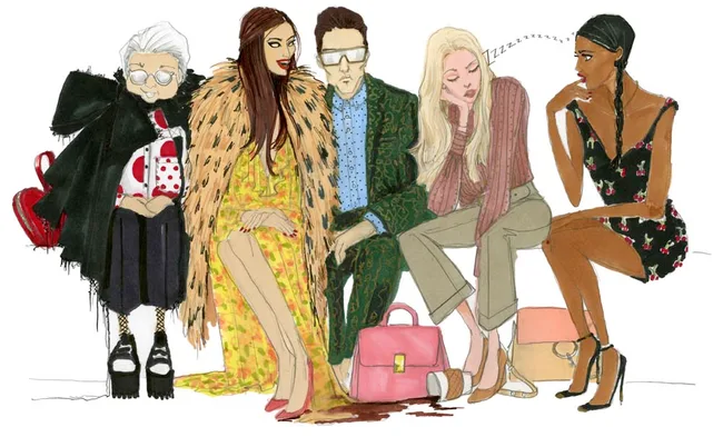 Illustration of five fashionably dressed people sitting, showcasing diverse styles with colorful outfits and accessories.