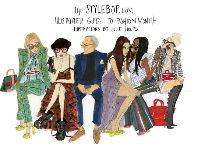 Illustration of six fashionably dressed individuals sitting, with text "The Stylebop.com Illustrated Guide to Fashion Month."