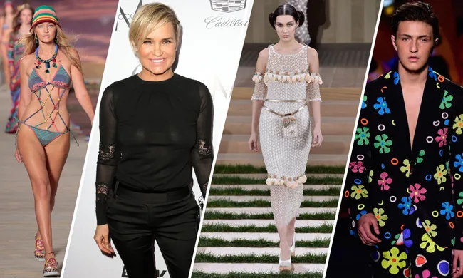 Multiple fashion models on the runway, showcasing various stylish outfits in a collage format.