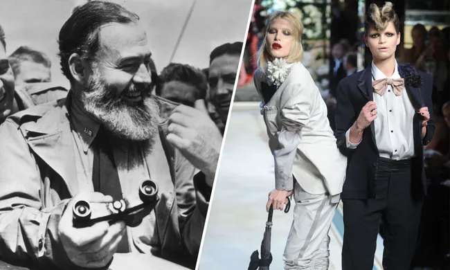 "Black and white photo of a bearded man with binoculars; fashion runway models in modern attire."
