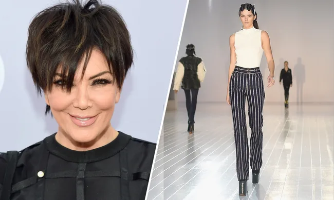 Kris Jenner smiling on the left, model walking on the runway on the right in a white top and striped pants.