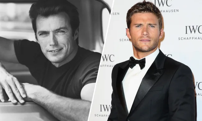 Two men side by side, one in a black-and-white portrait and another in a tuxedo at an event.