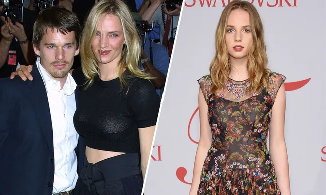 Two images: Left shows a man in a suit and woman in a black top, right shows a woman in a floral dress on a red carpet.