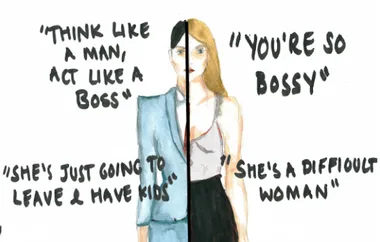 Split image of a woman in a suit and casual wear with quotes: "Think like a man," "You're so bossy," highlighting stereotypes.